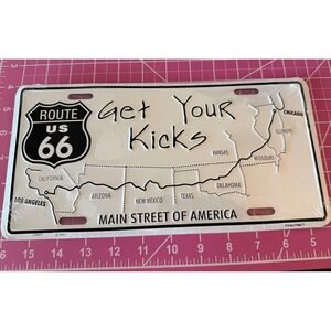 Hangtime Route 66 License Plate Sign White Embossed Metal Map NWT